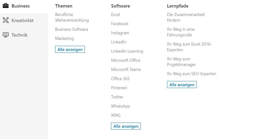 LinkedIn Learning Kategorien Screenshot