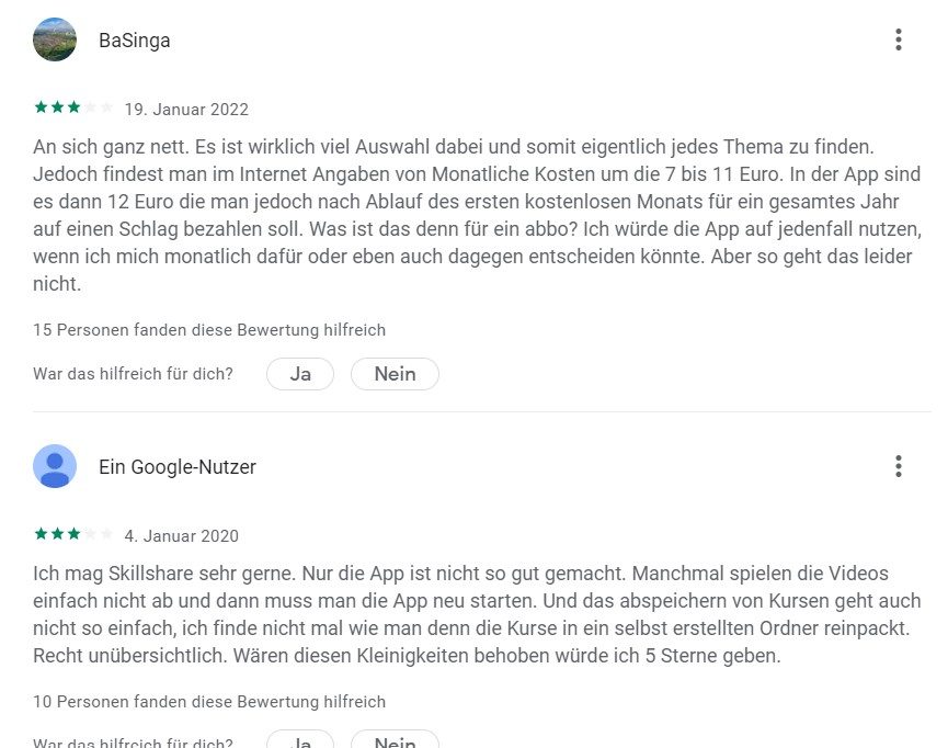 Skillshare Bewertung Google Play Store Screenshot